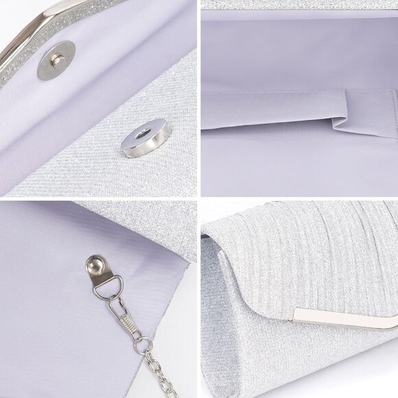 Women's Silver 1 Clutch Purses Sparkling Envelope Evening Bag Detachable Chain - Picture 5 of 7